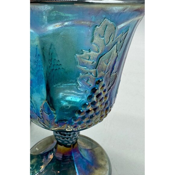 set of 2 Vintage Blue Carnival Glass Grape & Vine Goblets cups 5" tall READ - Picture 6 of 8